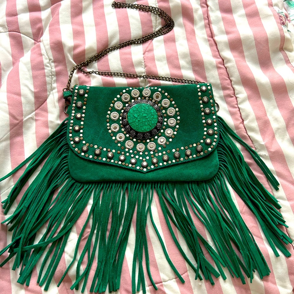 Laurie and Joe Paris Moroccan Style Green Suede Fringe Crossbody Festival Bag